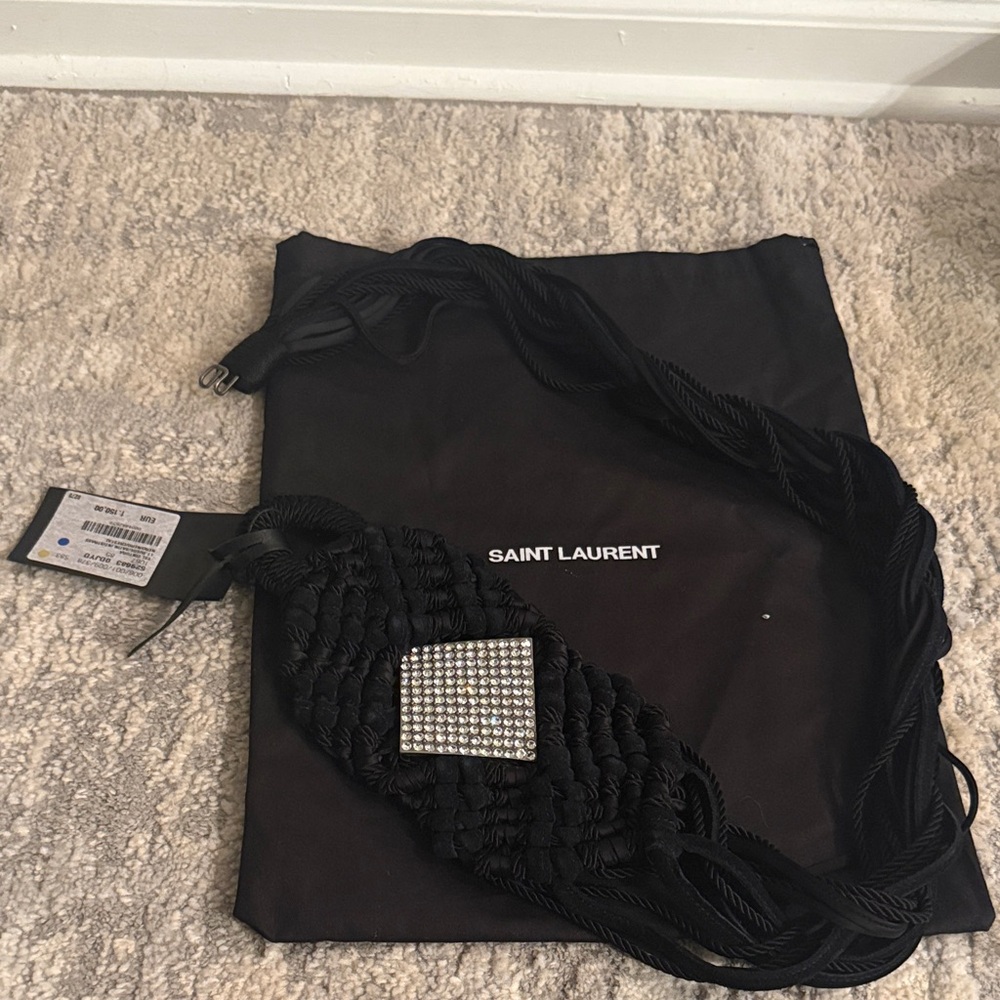 Authentic Saint Laurent Black Braided Waist Belt with Crystal Square Buckle